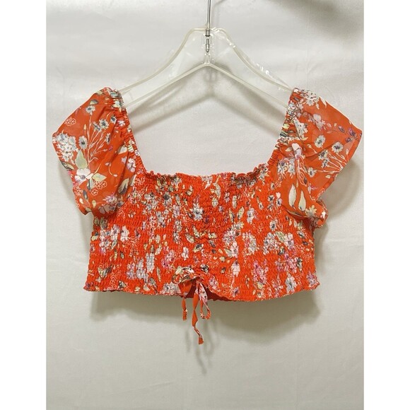 Almost Famous Womens Size XL Orange Floral Cropped Halter Top With Soft Sleeves - Picture 1 of 9
